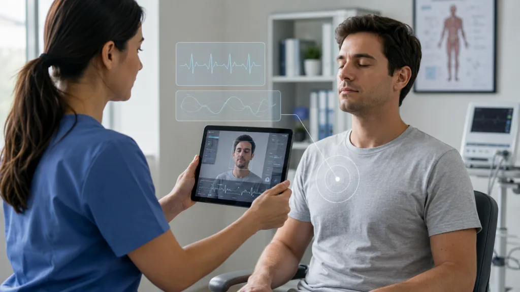 A healthcare professional uses a tablet camera to capture contactless pulse and respiratory-rate measurements as PanopticAI advances smartphone-based vital-sign monitoring for telemedicine and remote care. Representative image.