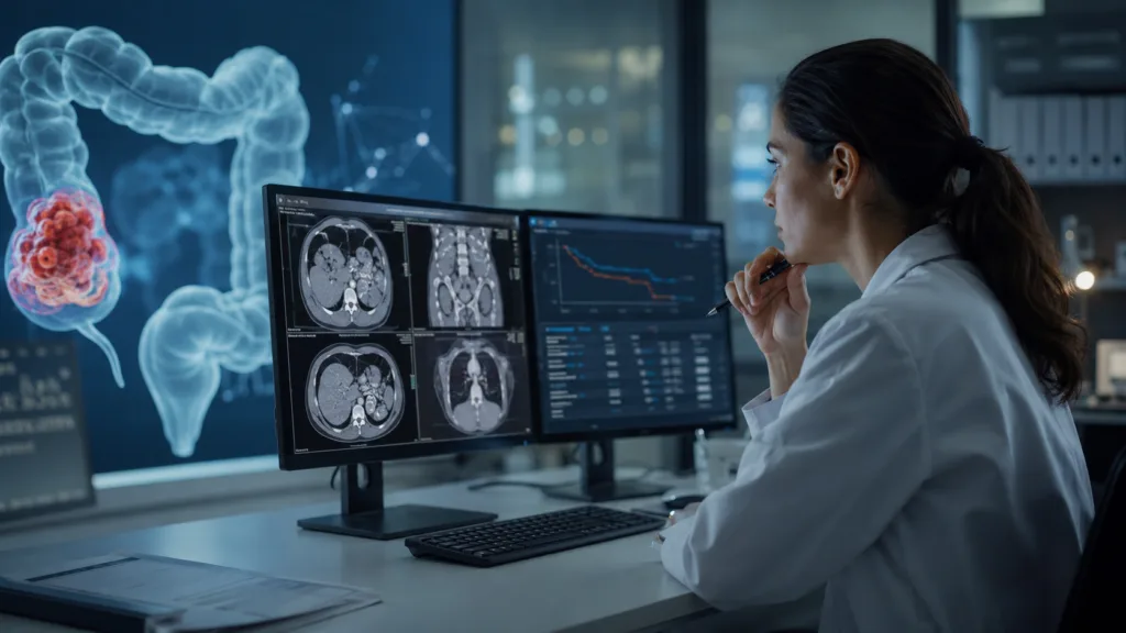 Representative image of an oncology researcher reviewing colorectal cancer scan data, reflecting Pfizer’s Braftovi regimen update in BRAF V600E-mutant metastatic colorectal cancer.