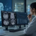 Representative image of an oncology researcher reviewing colorectal cancer scan data, reflecting Pfizer’s Braftovi regimen update in BRAF V600E-mutant metastatic colorectal cancer.