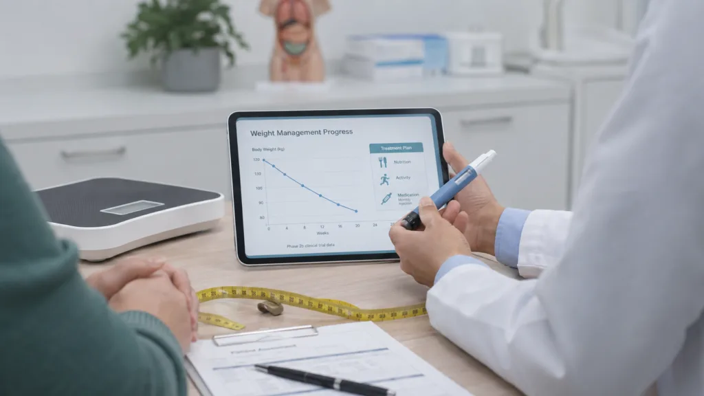 Representative image of a clinical weight-management consultation with an injection pen and progress chart, reflecting Pfizer’s berobenatide Phase 2b data and the growing race to develop monthly GLP-1 obesity treatments.