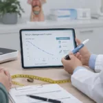 Representative image of a clinical weight-management consultation with an injection pen and progress chart, reflecting Pfizer’s berobenatide Phase 2b data and the growing race to develop monthly GLP-1 obesity treatments.