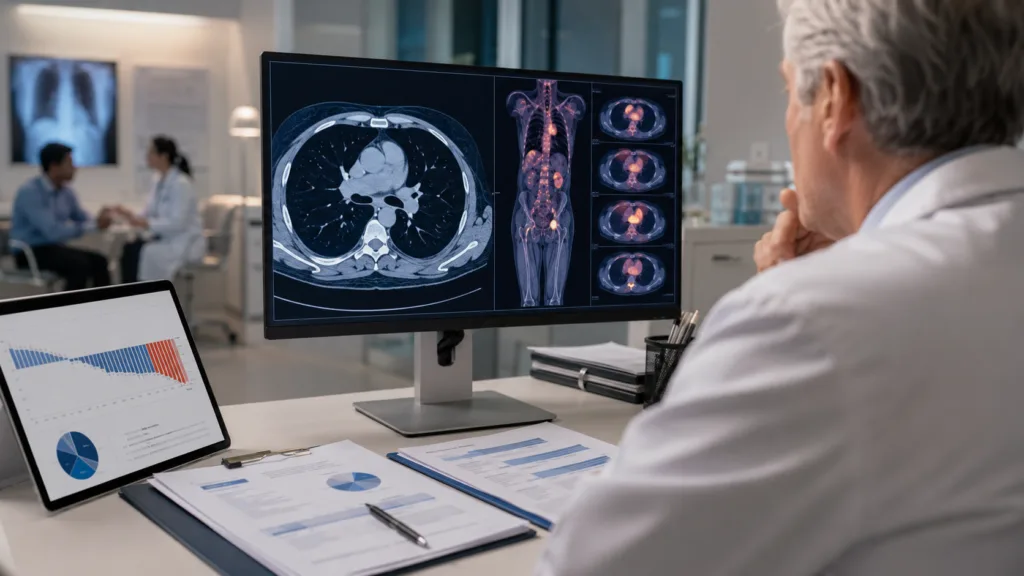 Representative image: An oncology specialist reviews lung scans and clinical trial data as Pfizer’s sigvotatug vedotin Phase 3 survival miss shifts attention to second-line patients, biomarker strategy and first-line combinations.