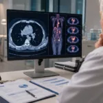 Representative image: An oncology specialist reviews lung scans and clinical trial data as Pfizer’s sigvotatug vedotin Phase 3 survival miss shifts attention to second-line patients, biomarker strategy and first-line combinations.