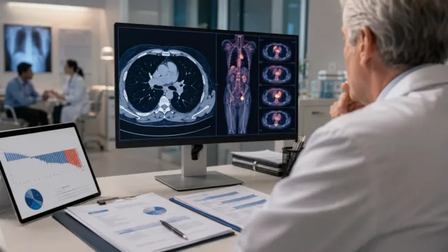 Representative image: An oncology specialist reviews lung scans and clinical trial data as Pfizer’s sigvotatug vedotin Phase 3 survival miss shifts attention to second-line patients, biomarker strategy and first-line combinations.