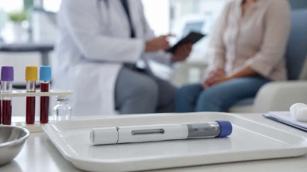 Representative image: An unbranded prefilled injection pen and blood samples illustrate PharmaEssentia’s FDA-approved BESREMi Pen launch for polycythemia vera treatment in the United States.
