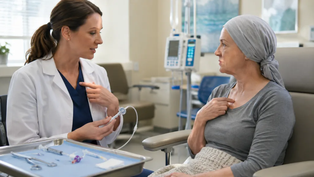 Representative image of a clinician preparing an implantable vascular access port as PorTal Access launches the FDA-cleared FLEXI-PORT system for long-term chemotherapy and infusion care.