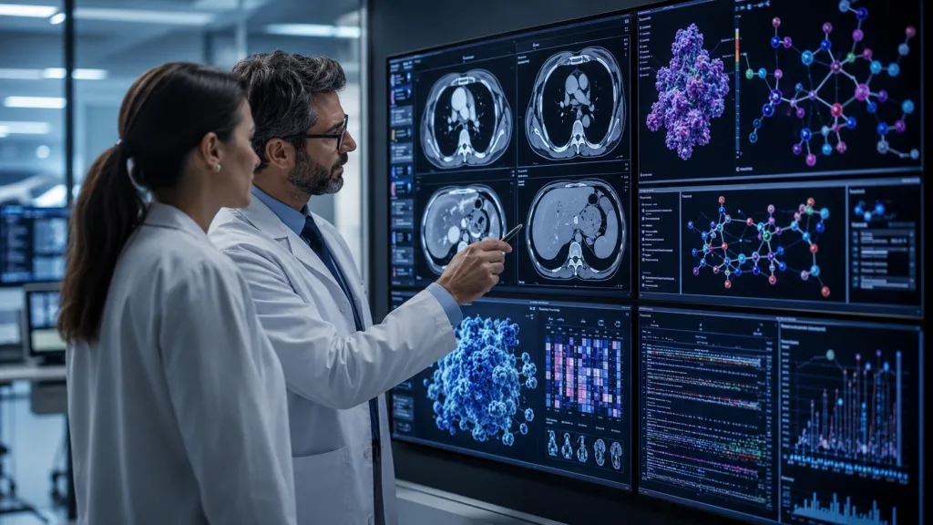 Representative image of oncology researchers reviewing cancer scans and molecular data, reflecting Ranok Therapeutics’ RNK08954 Phase 1a results and the accelerating race to develop KRAS G12D targeted therapies for pancreatic cancer, lung cancer and other advanced solid tumours.