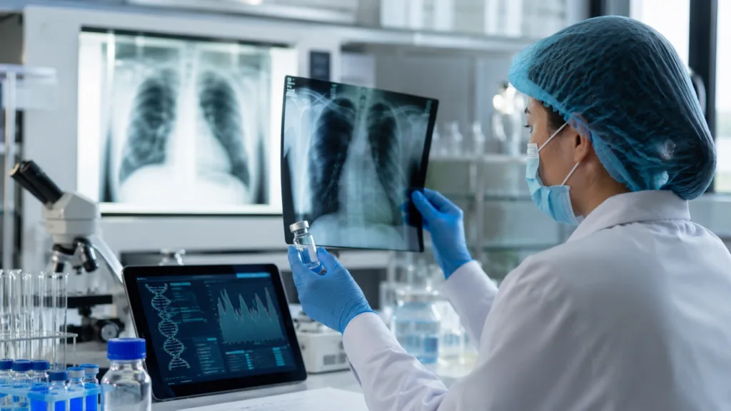 A vaccine researcher reviews lung imaging and an investigational vial as Replicate Bioscience advances a self-replicating RNA tuberculosis vaccine with Gates Foundation funding. Representative image.