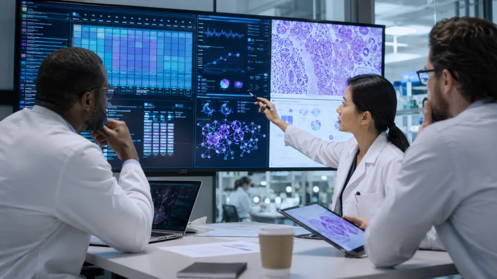 Representative image of an AI-enabled precision oncology research meeting, illustrating how SOPHiA GENETICS and Memorial Sloan Kettering Cancer Center could turn cancer data into a precision medicine engine.