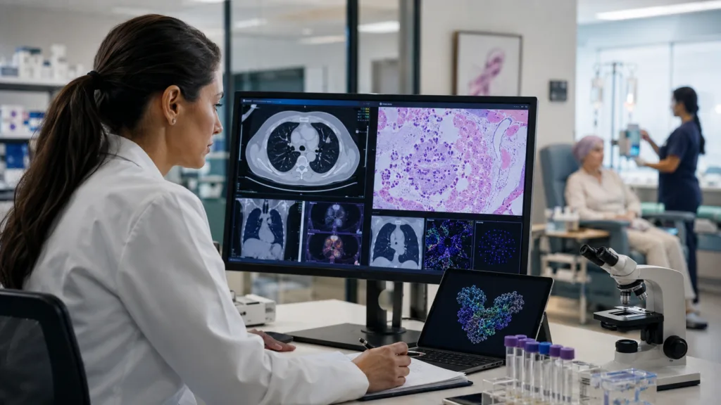Representative image of oncology researchers analysing cancer imaging and laboratory data as SalubrisBio’s JK06 antibody drug conjugate shows early Phase 1/2 promise in 5T4-targeted treatment for lung cancer and breast cancer.