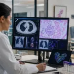Representative image of oncology researchers analysing cancer imaging and laboratory data as SalubrisBio’s JK06 antibody drug conjugate shows early Phase 1/2 promise in 5T4-targeted treatment for lung cancer and breast cancer.