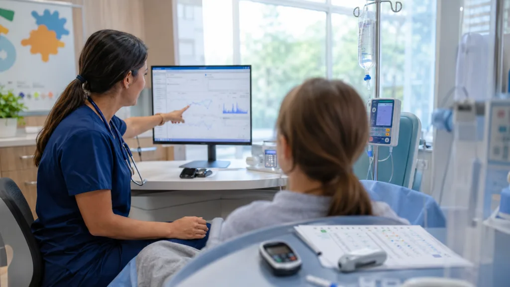 Representative image: A pediatric diabetes specialist reviews glucose data during an infusion visit as Sanofi’s Tzield expands into newly diagnosed stage 3 type 1 diabetes care.