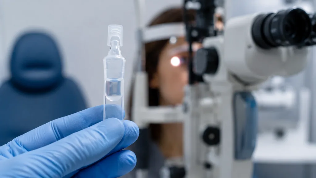 A sterile ophthalmic vial in an eye exam setting highlights Saptalis Pharmaceuticals’ Cyclosporine Ophthalmic Emulsion 0.05% launch and growing generic dry eye treatment access. Representative image.