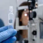 A sterile ophthalmic vial in an eye exam setting highlights Saptalis Pharmaceuticals’ Cyclosporine Ophthalmic Emulsion 0.05% launch and growing generic dry eye treatment access. Representative image.
