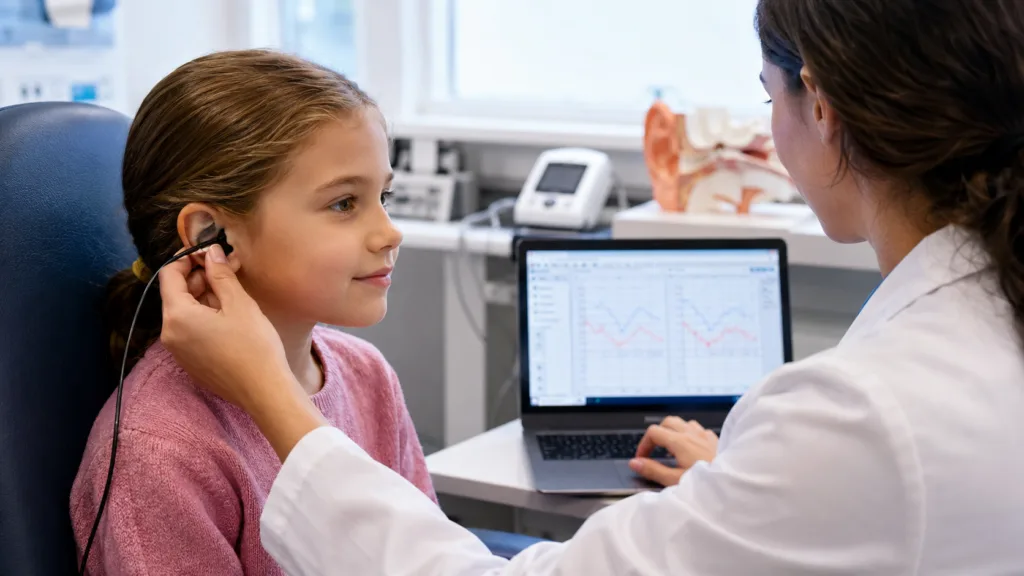 Representative image: A paediatric audiology assessment highlights the clinical focus behind Sensorion’s SENS-601 gene therapy program for GJB2-related hearing loss.