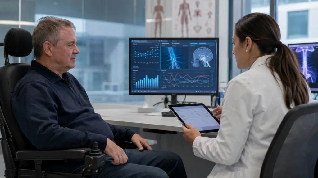 Representative image: A clinician reviews patient data in an ALS research setting as Shionogi expands real-world evidence collection through its NeuroBANK partnership.