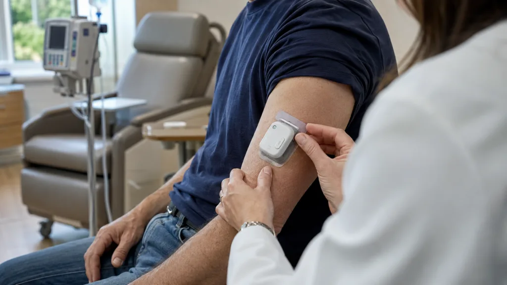 A clinician applies a wearable injector as drugmakers explore moving multiple myeloma treatment beyond the infusion chair through subcutaneous and on-body delivery systems. Representative image.