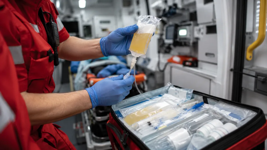 A paramedic prepares plasma for emergency transfusion inside an ambulance as Velico Medical develops Frontline On Demand Plasma for prehospital trauma care, disaster response and military medicine. Representative image.