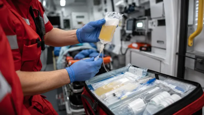 A paramedic prepares plasma for emergency transfusion inside an ambulance as Velico Medical develops Frontline On Demand Plasma for prehospital trauma care, disaster response and military medicine. Representative image.
