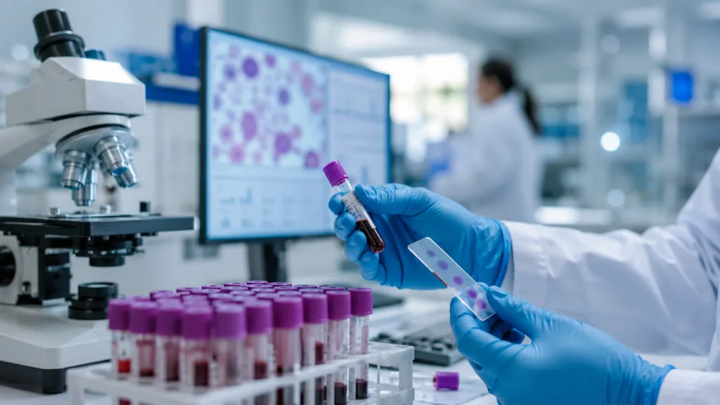 Representative image of hematology research and blood sample analysis, reflecting AbbVie’s long-term Venclexta data in first-line chronic lymphocytic leukemia treatment.