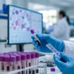 Representative image of hematology research and blood sample analysis, reflecting AbbVie’s long-term Venclexta data in first-line chronic lymphocytic leukemia treatment.