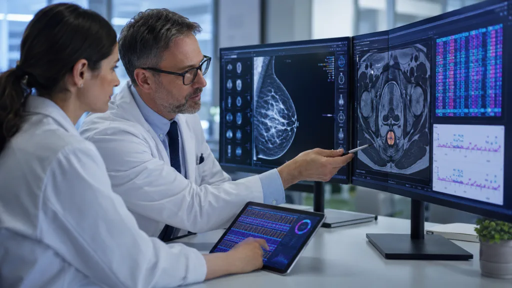 Representative image of clinicians reviewing genomic cancer testing data and medical imaging, reflecting Veracyte’s Prosigna and Decipher ASCO 2026 results and the growing role of precision oncology diagnostics in breast cancer and prostate cancer treatment decisions.