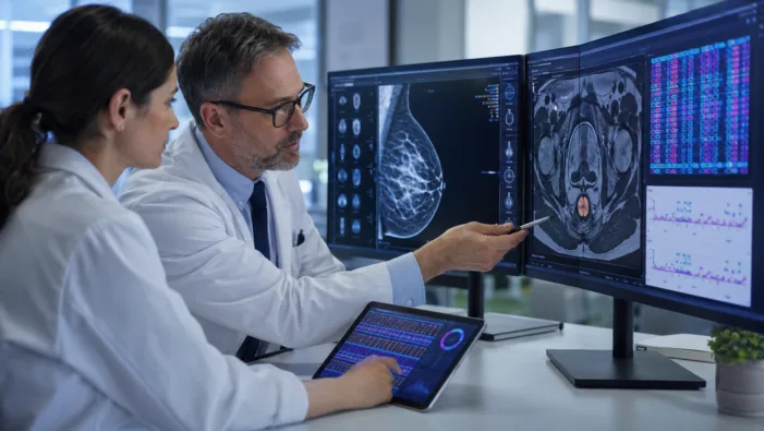 Representative image of clinicians reviewing genomic cancer testing data and medical imaging, reflecting Veracyte’s Prosigna and Decipher ASCO 2026 results and the growing role of precision oncology diagnostics in breast cancer and prostate cancer treatment decisions. Can Veracyte’s Prosigna data change chemotherapy decisions in high-risk breast cancer?