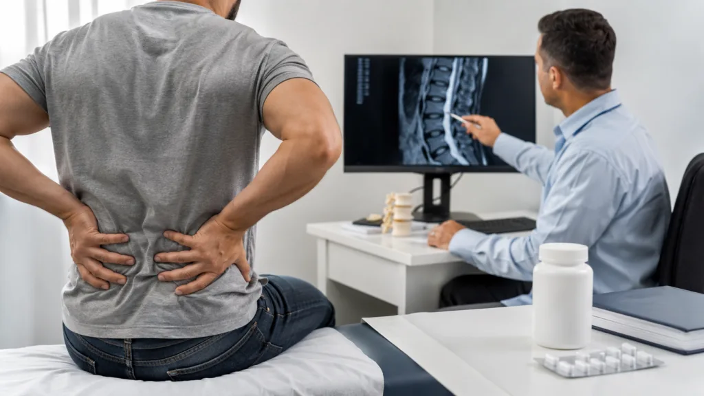 Representative image: A clinician reviews spinal imaging for chronic low back pain as Vertanical’s Exilby approval highlights the growing push for regulated non-opioid pain treatments in Europe.