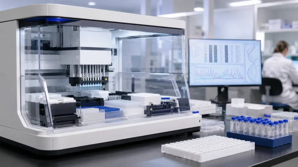 Representative image of an automated genomics sample preparation system, highlighting how Volta Labs’ Twist Fast Hyb launch on Callisto could streamline NGS target enrichment workflows for cancer profiling, exome sequencing and clinical laboratory automation.