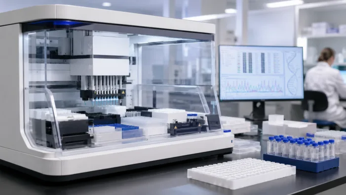 Representative image of an automated genomics sample preparation system, highlighting how Volta Labs’ Twist Fast Hyb launch on Callisto could streamline NGS target enrichment workflows for cancer profiling, exome sequencing and clinical laboratory automation. Volta Labs and Twist Bioscience push target enrichment closer to walk-away automation