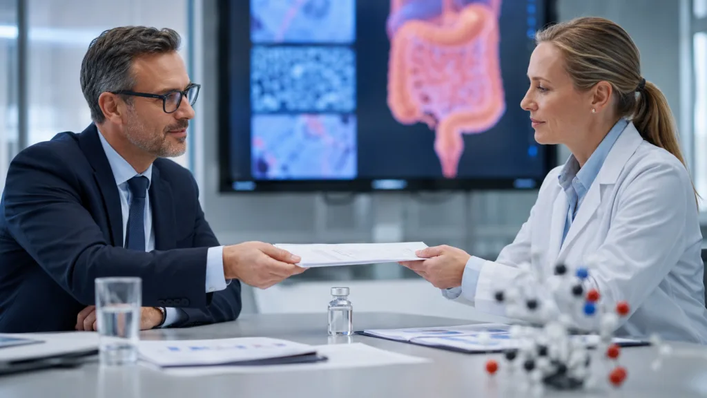 Representative image showing a biotech licensing discussion around long-acting GLP-2 therapy, reflecting Lilly and Hanmi Pharm’s sonefpeglutide deal for short bowel syndrome treatment.