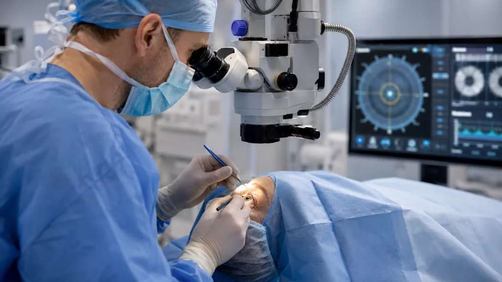 Representative image: An ophthalmic surgeon performs cataract surgery, reflecting ZEISS Medical Technology’s AT LUCIA toric 721P lens and the growing focus on precision intraocular lenses for astigmatism correction.