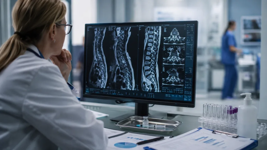 Representative image: A clinician reviews spinal imaging as Zetagen Therapeutics’ ZetaMet Phase 2a data highlights investigational progress in treating metastatic breast cancer patients with lytic bone lesions.