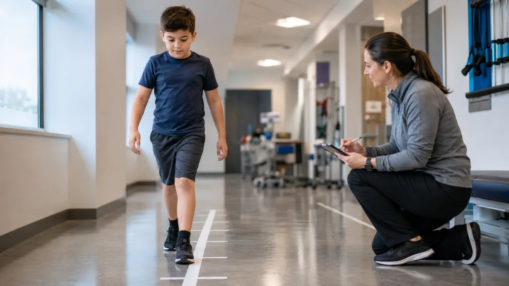 Representative image of a pediatric mobility assessment, highlighting how cTAP’s new Duchenne muscular dystrophy prognostic score could help predict loss of ambulation and improve DMD trial design.