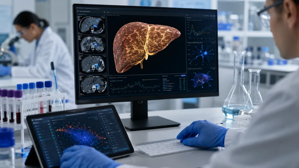 Representative image of AI-enabled liver disease research, reflecting how insitro’s CTRO-1013 MASH candidate is being studied for anti-fibrotic signals beyond liver fat reduction.