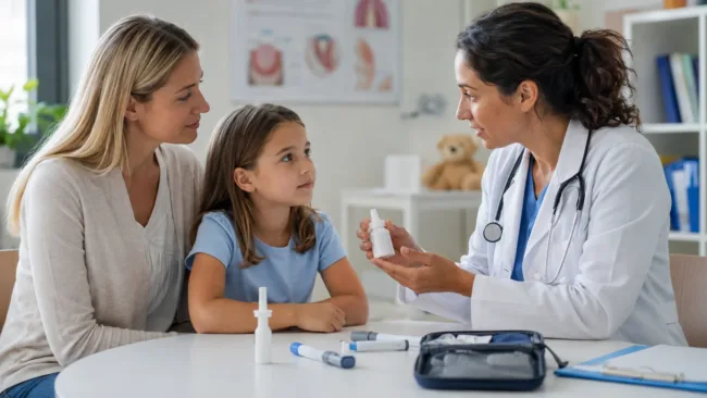Representative image of a doctor discussing needle-free allergy treatment with a child and caregiver, reflecting coverage of EURneffy 1 mg’s UK approval for pediatric anaphylaxis care.