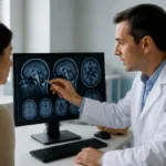 Representative image of a neurology consultation with brain scan review, reflecting coverage of uniQure’s AMT-260 gene therapy data and its potential role in refractory mesial temporal lobe epilepsy treatment.