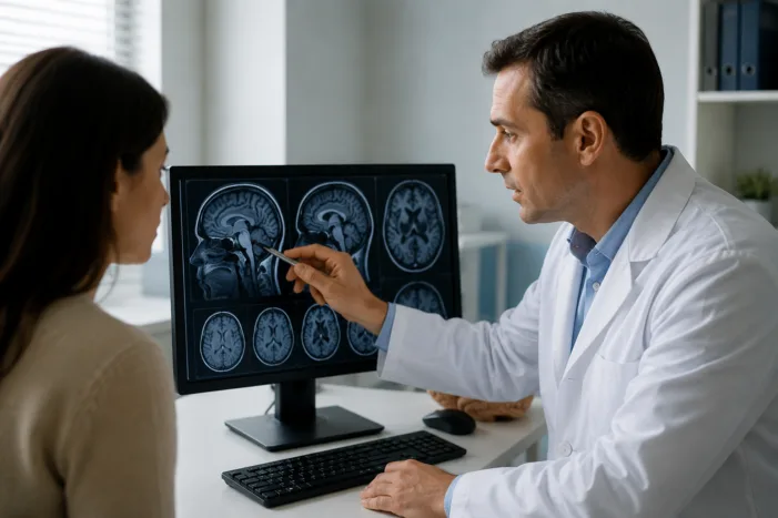 Representative image of a neurology consultation with brain scan review, reflecting coverage of uniQure’s AMT-260 gene therapy data and its potential role in refractory mesial temporal lobe epilepsy treatment. Why AMT-260’s early epilepsy data could shape the next test for brain-delivered gene therapy