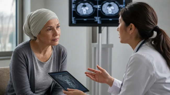 Representative image of an oncology consultation, reflecting coverage of Context Therapeutics’ CTIM-76 Phase 1 data and its potential role in platinum-resistant ovarian cancer treatment.