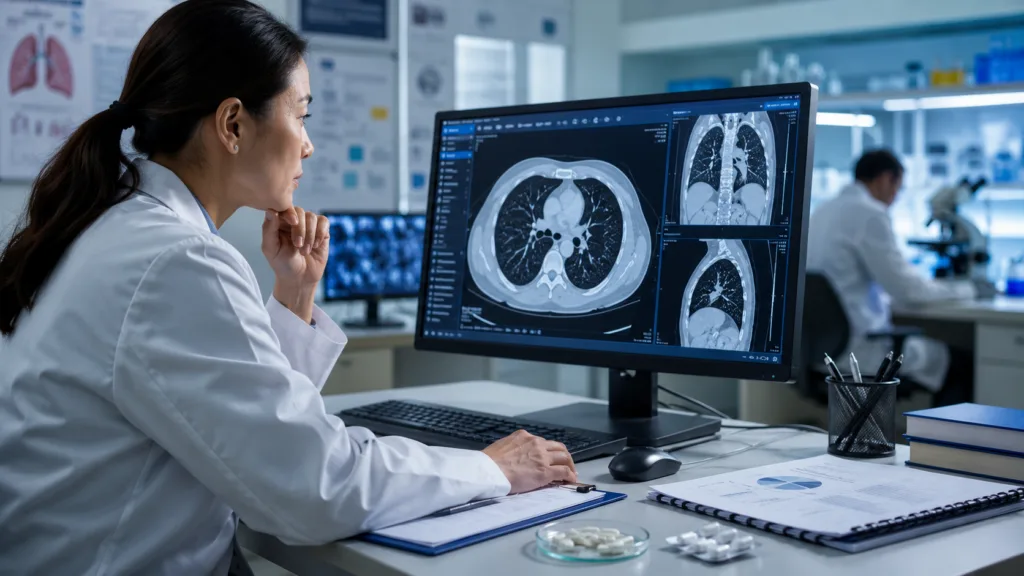 Abbisko Therapeutics and AstraZeneca are testing oral PD-L1 inhibitor lumipodlin with Tagrisso in EGFR-mutated non-small cell lung cancer, putting safety, pneumonitis risk and treatment durability under close scrutiny. Representative image.