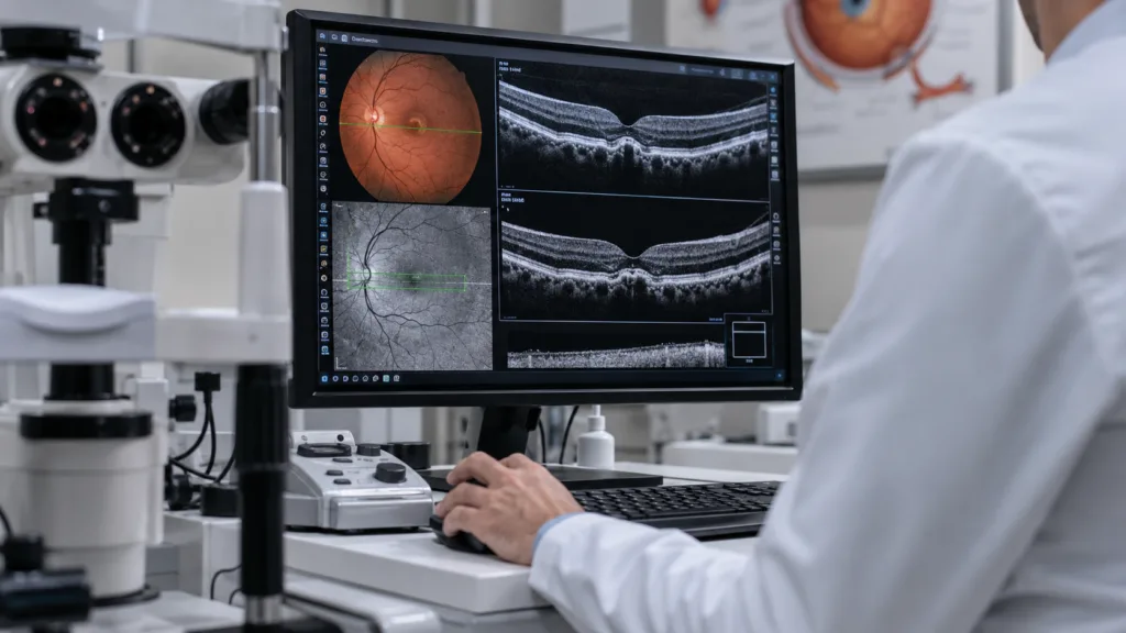 Representative image: A retina specialist reviews advanced eye scans as Roche’s $RHHBY Susvimo moves closer to European approval, offering wet age-related macular degeneration patients a refillable implant designed to reduce frequent eye injections.