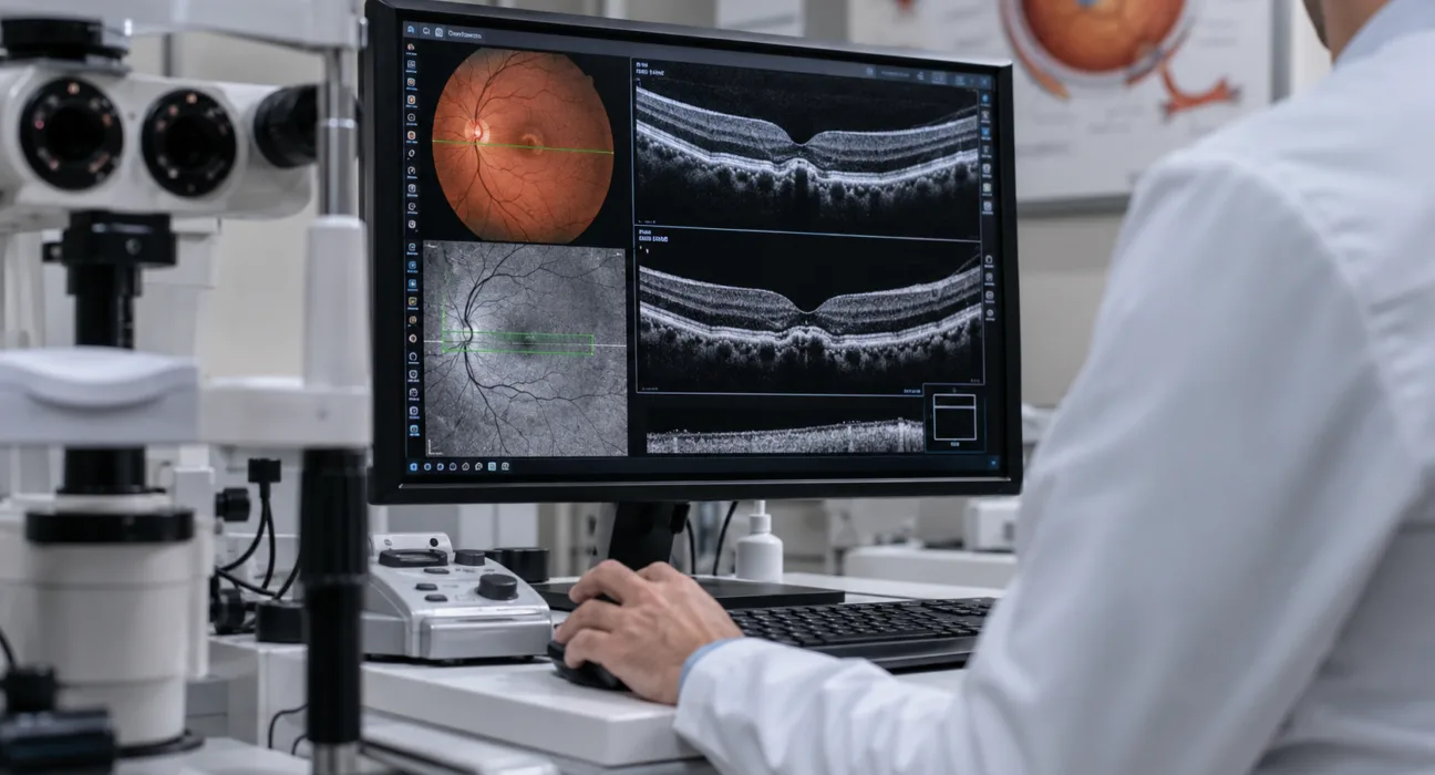 Representative image: A retina specialist reviews advanced eye scans as Roche’s $RHHBY Susvimo moves closer to European approval, offering wet age-related macular degeneration patients a refillable implant designed to reduce frequent eye injections.