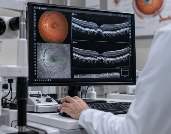 Representative image: A retina specialist reviews advanced eye scans as Roche’s $RHHBY Susvimo moves closer to European approval, offering wet age-related macular degeneration patients a refillable implant designed to reduce frequent eye injections.