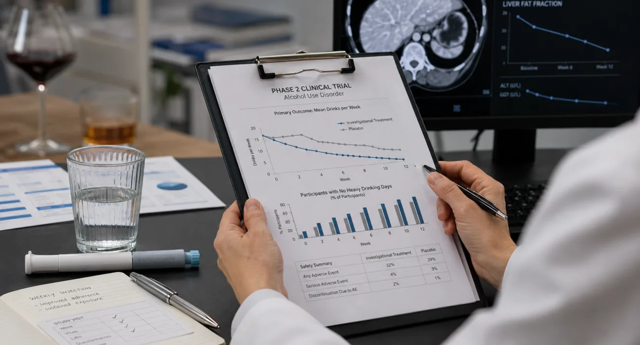 Representative image: A researcher reviews alcohol use disorder trial data as Altimmune’s $ALT pemvidutide reduces heavy drinking days and improves lower-risk drinking outcomes in the Phase 2 RECLAIM study.