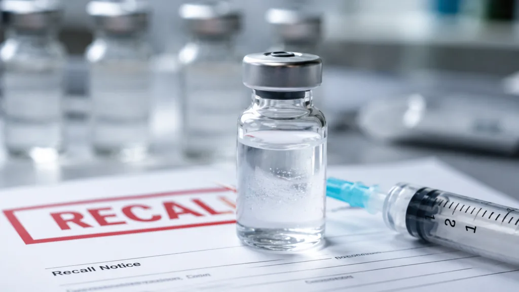 American Regent’s nationwide recall of one lot of Papaverine Hydrochloride Injection highlights injectable drug safety concerns after visible glass and/or paraformaldehyde particles were identified. Representative image.