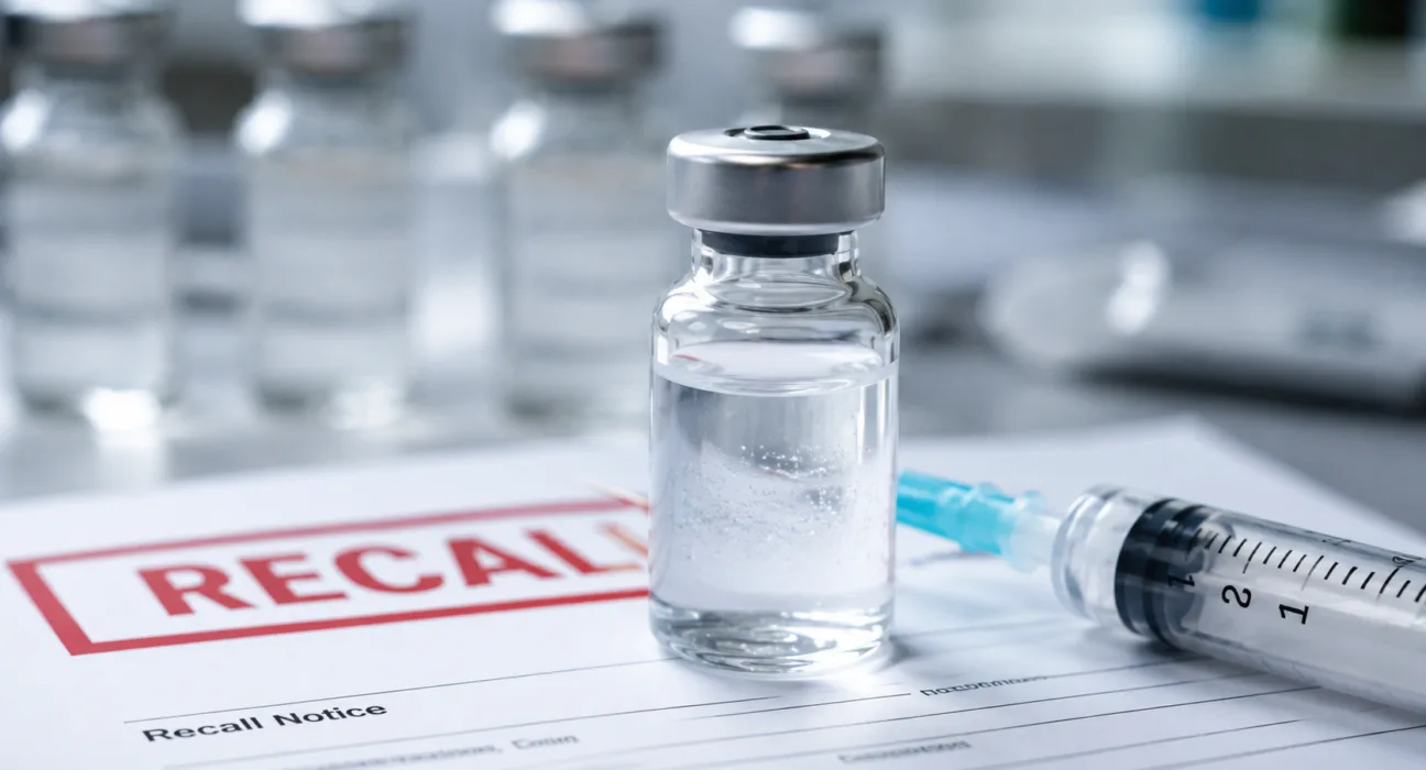 American Regent’s nationwide recall of one lot of Papaverine Hydrochloride Injection highlights injectable drug safety concerns after visible glass and/or paraformaldehyde particles were identified. Representative image.