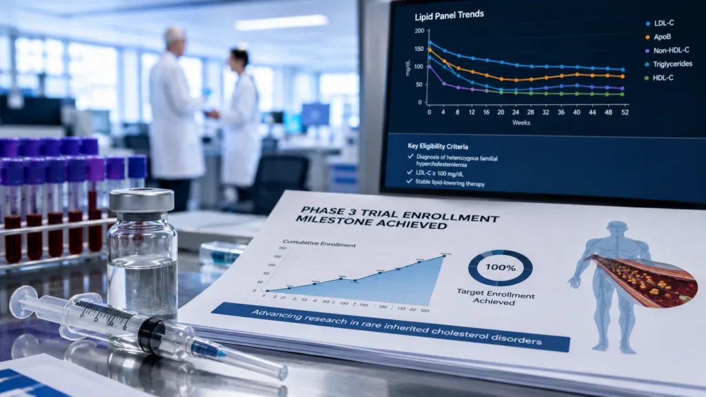 A clinical research setting illustrates Arrowhead Pharmaceuticals’ Phase 3 YOSEMITE trial evaluating zodasiran for homozygous familial hypercholesterolemia following completion of global patient enrollment. Representative image.