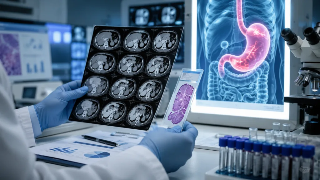 AstraZeneca’s investigational CLDN18.2 antibody-drug conjugate sonesitatug vedotin improved overall survival in a Phase 3 trial involving previously treated advanced gastric and gastroesophageal junction cancers, although the progression-free survival endpoint was not statistically significant. Representative image.