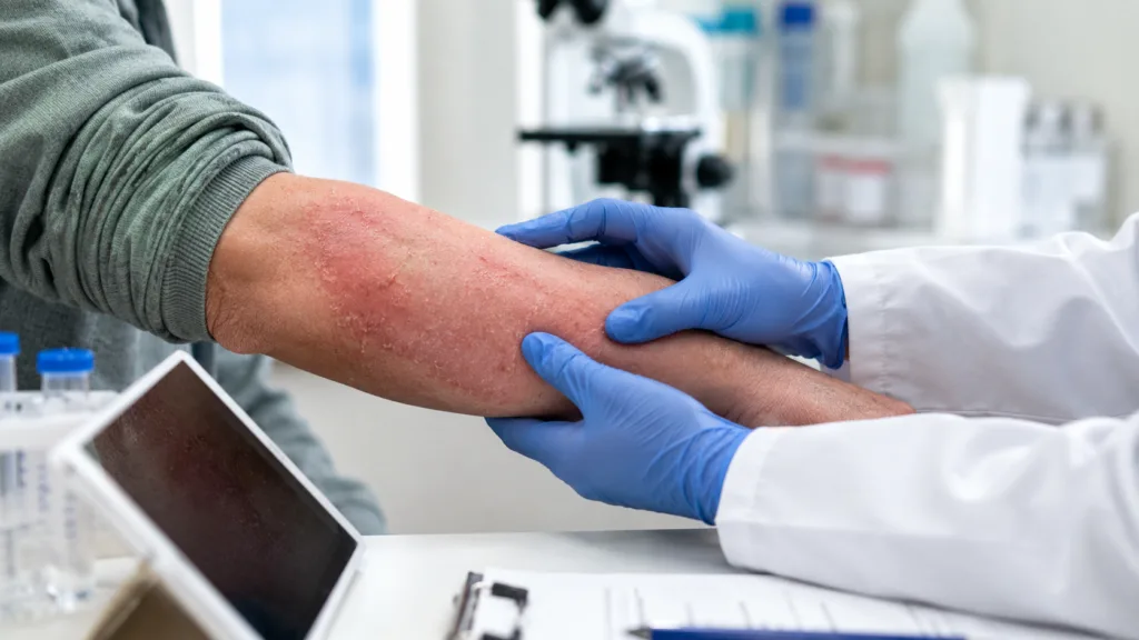 A clinician examines atopic dermatitis symptoms as Bambusa Therapeutics reports preliminary proof-of-concept results for investigational bispecific antibody BBT001. Representative image.