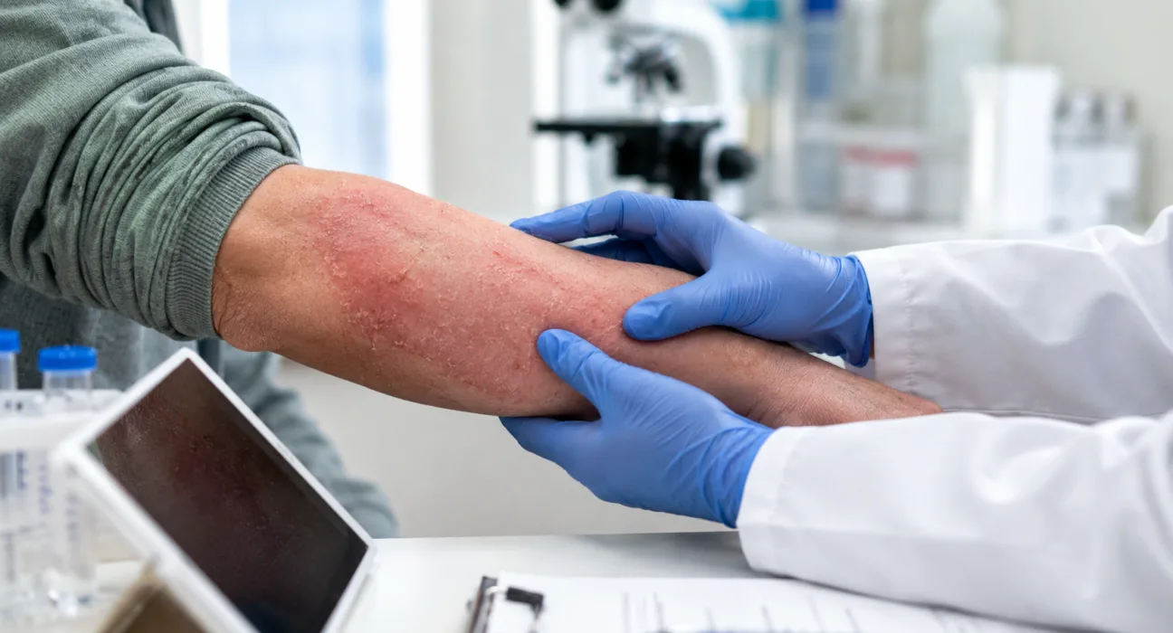 A clinician examines atopic dermatitis symptoms as Bambusa Therapeutics reports preliminary proof-of-concept results for investigational bispecific antibody BBT001. Representative image.